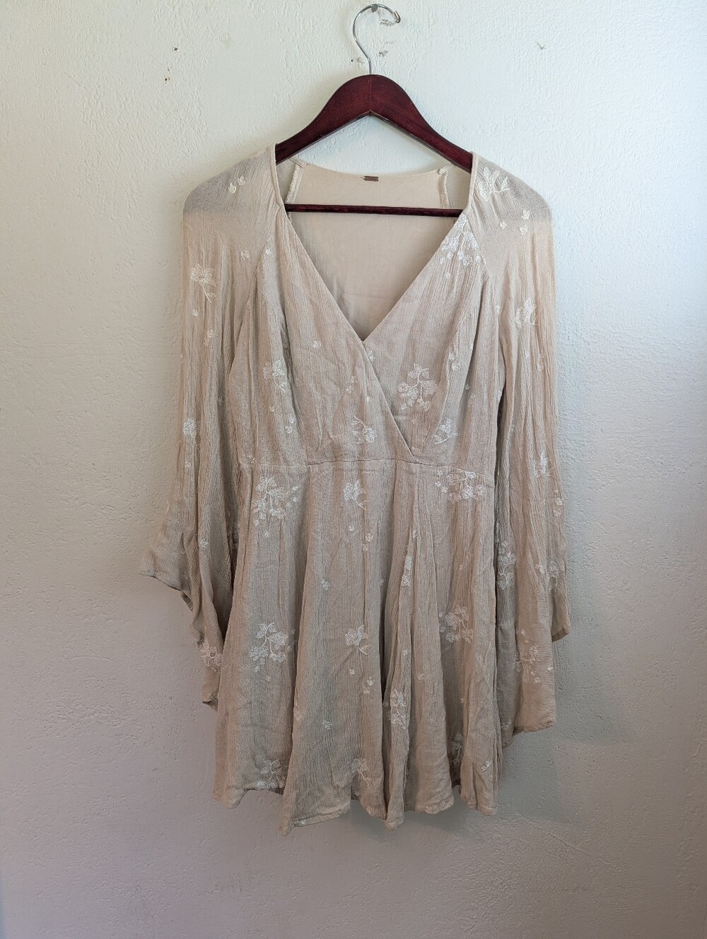 Free People Dress Jasmine Embroidered Beige Bell Sleeve Mini Tunic